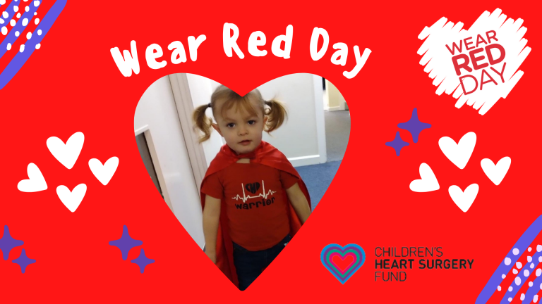 The image shows Daisy-Jean wearing red highlighting awareness for congenital heart disease.